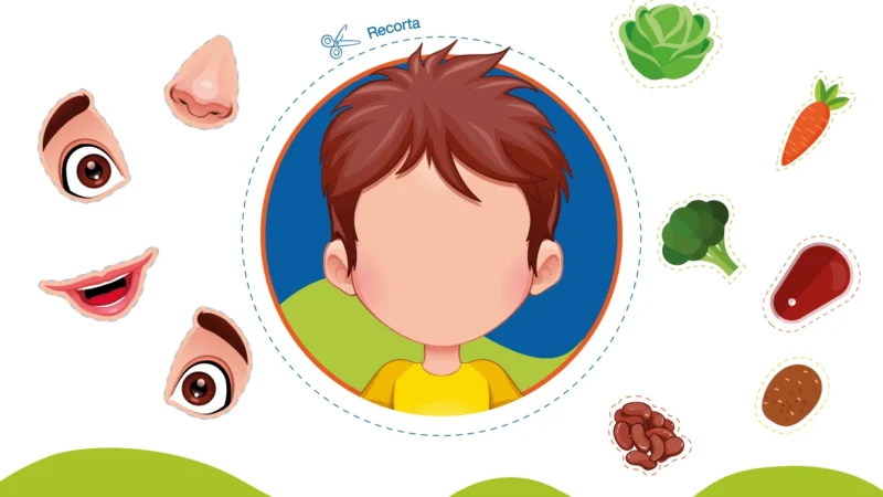 ¡Es momento de recortar! Corta las partes del rostro y los alimentos